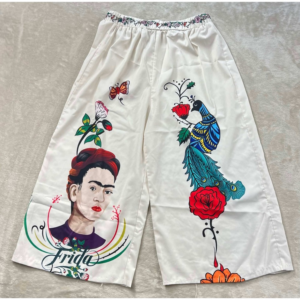 GUC SHEIN X Frida Kahlo Women's White Wide Leg Graphic Cropped Pants Size M